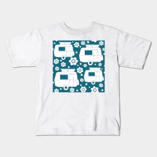 Daisy Polka Dot Vintage Caravan Pattern in Teal and White Kids T-Shirt